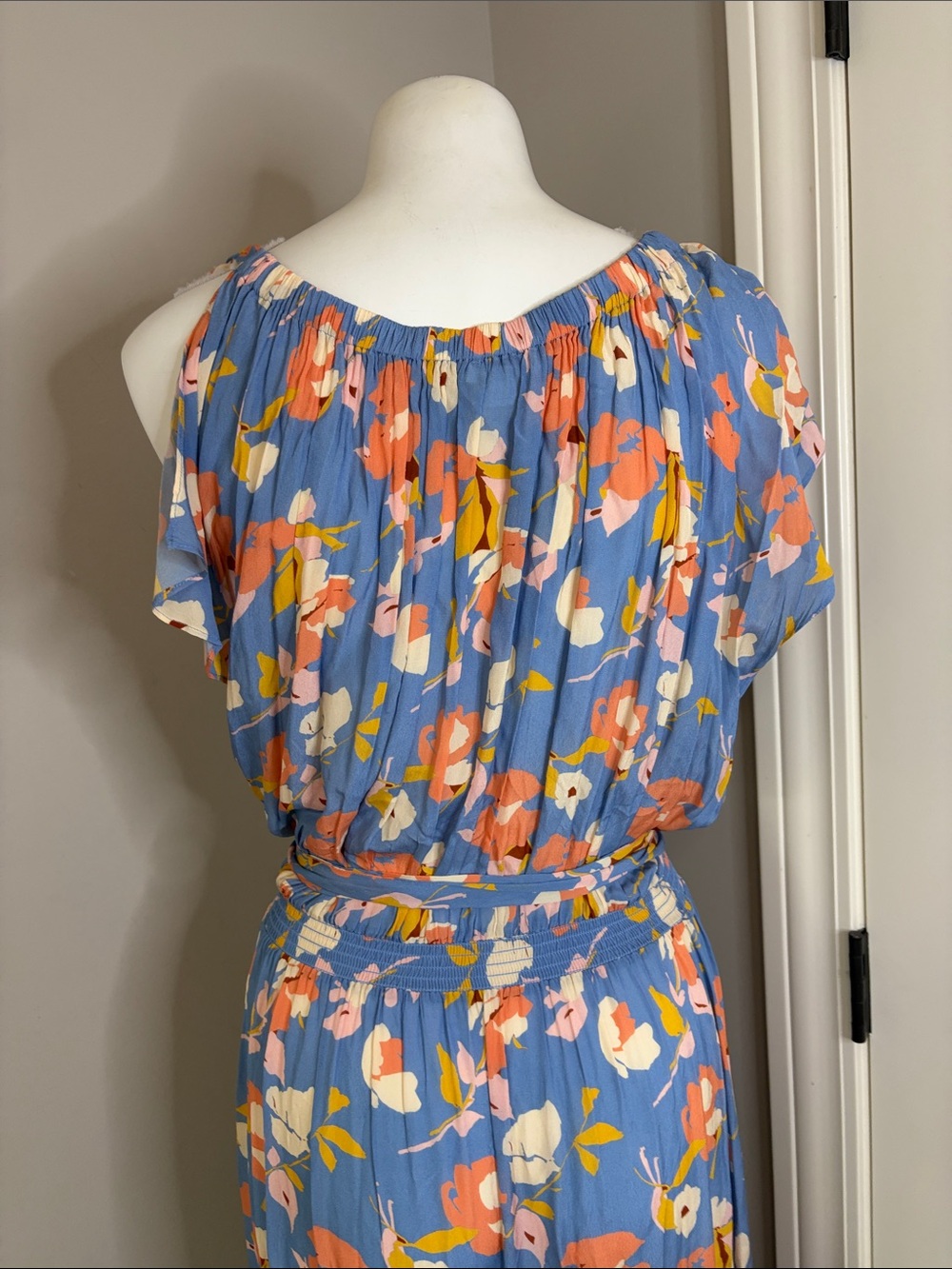 Shoshanna Peony Dress Slate Blue Multi Maxi Floral side shoulder tie belt Sz 10 - Picture 9 of 15